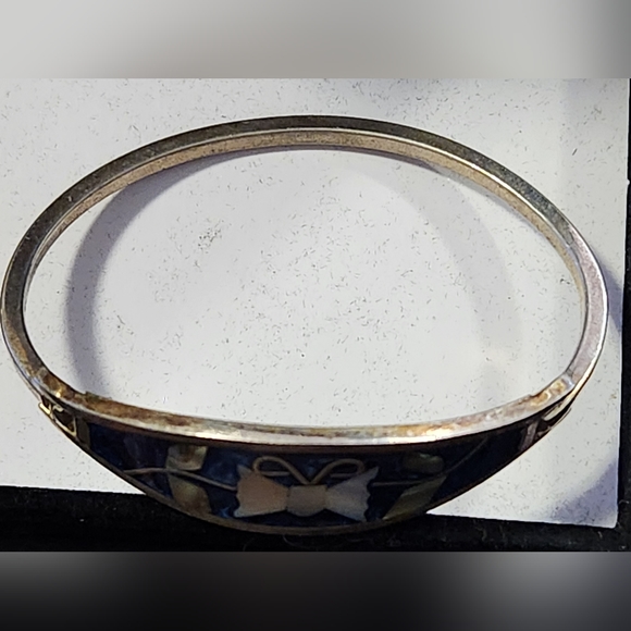 1970's MOP and Blue enamel Butterfly Alpaca Silver Hinged Bracelet - Picture 5 of 10